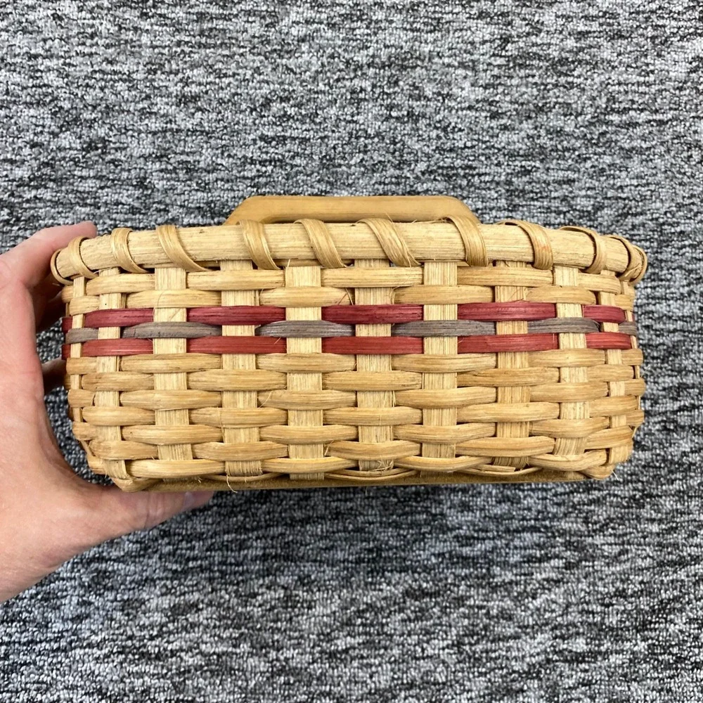 Vintage Woven Basket Wood Divider Handle Utensil Caddy Farmhouse Primitive Decor